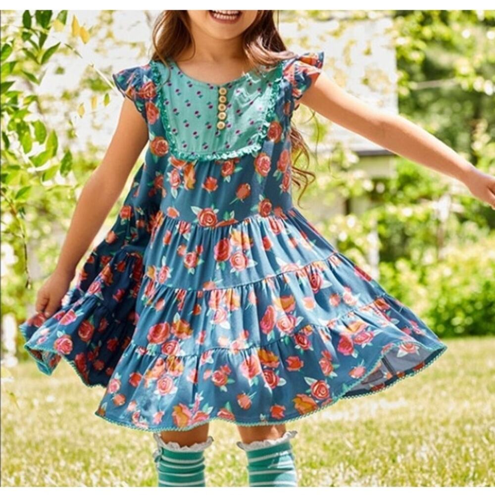Matilda Jane Student Leader Ruffle Dress Girls Sz 4 Blue Pink Rose Floral Twirly